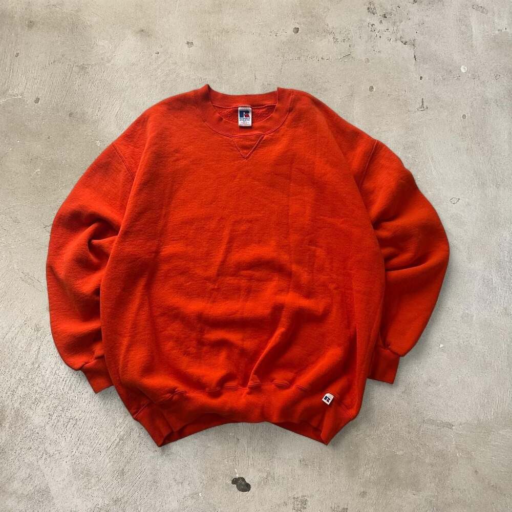 Vintage 90s Russell Athletic Blank Orange Crewneck Sweatshirt XLT